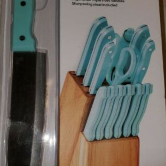 14 PC Sharper Image Knife Block Set AQUA SKY High Quality Stainless Steel Wood - Picture 6 of 6